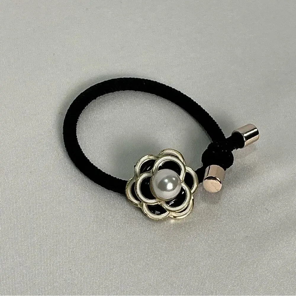 Camellia Flower Black Hair Tie with Gold Flower and Pearl Accent